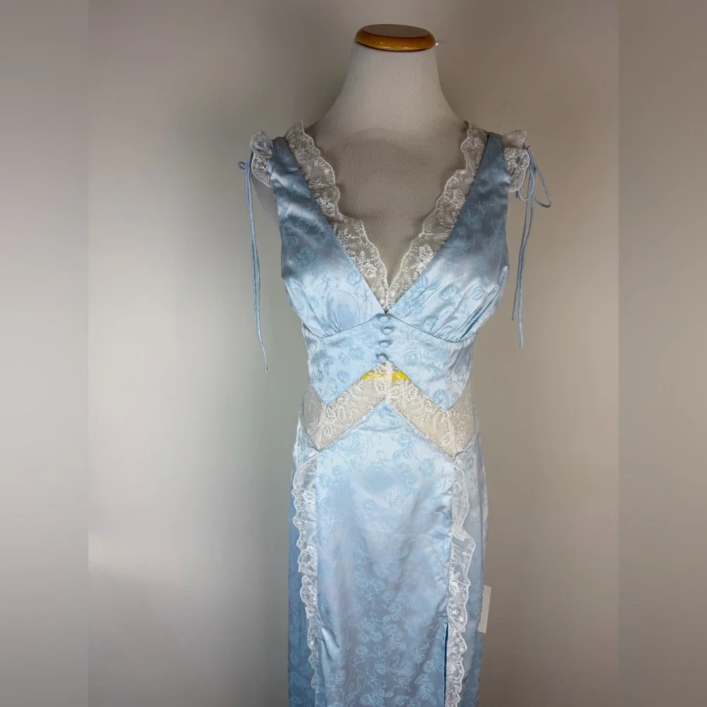 NWT For Love & Lemons Hattie Satin Slip Maxi Dress Blue Floral Lace Size XS - Picture 7 of 11